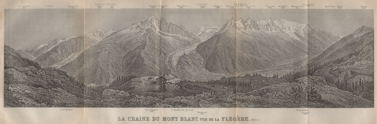 PANORAMA. MONT BLANC MASSIF from FLEGÈRE 1806m. Chamonix. Haute-Savoie 1893 map